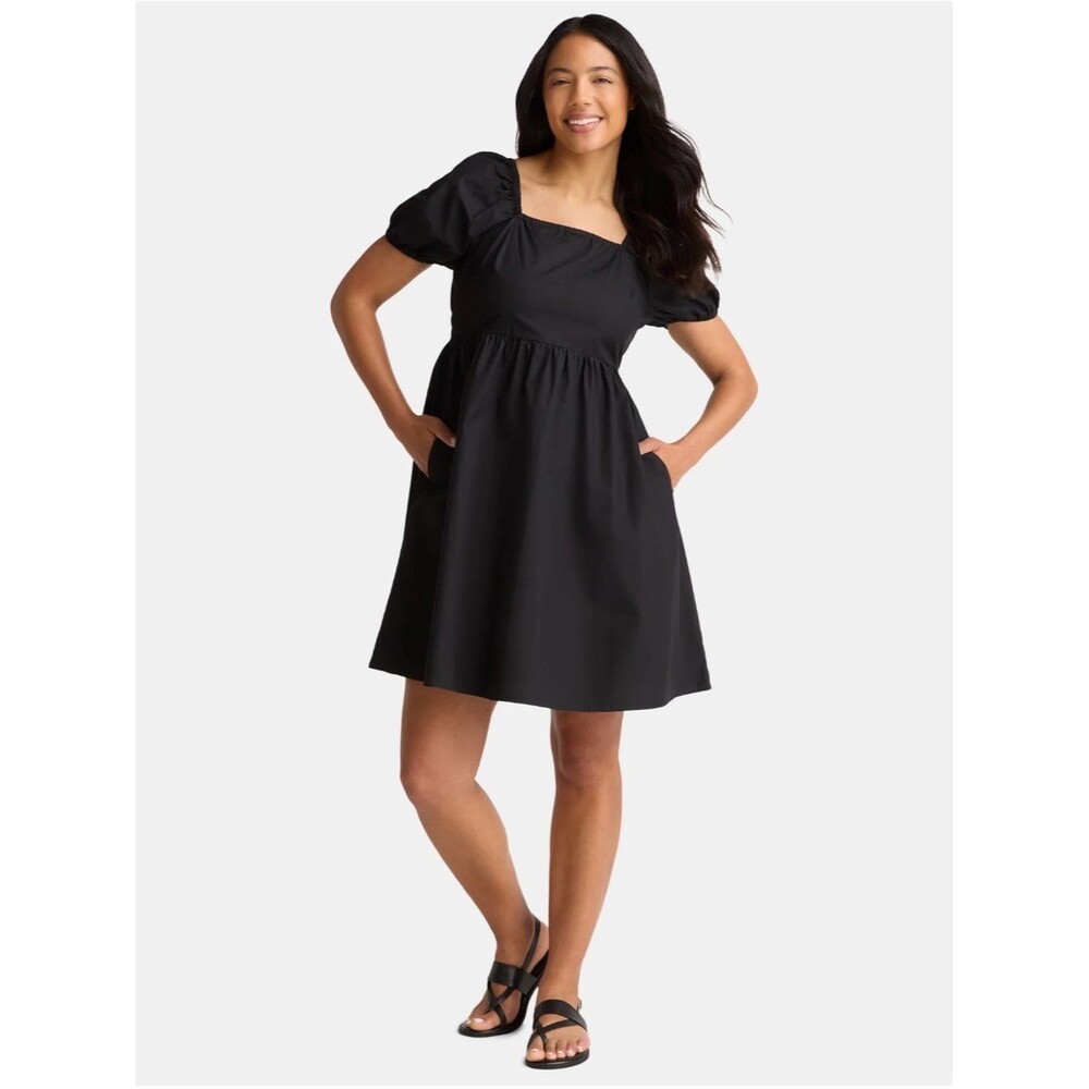 Black Puff-Sleeve Square-Neck Dress - Women